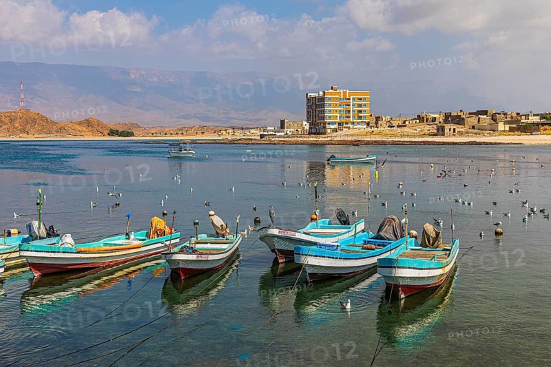 Fishing boats anchored in the harbour of Mirbat, Dhofar Province, Arabian Peninsula, Sultanate of Oman