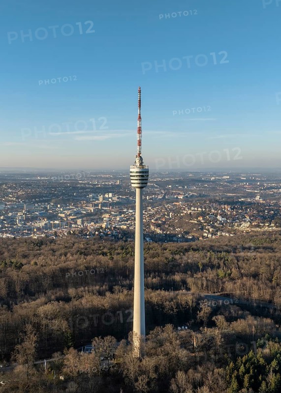 Aerial view of the 216.6 metre high Stuttgart television tower, observation tower, restaurant, radio transmitter, tourist attraction and historical landmark, in operation since 1956. Behind it the state capital Stuttgart, Degerloch, Baden-Württemberg, Germany