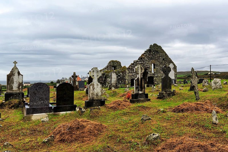 Celtic crosses in front of a ruin, Kilcatherine church and cemetery, Ring of Beara coastal road, Beara Peninsula, County Cork, Wild Atlantic Way, Ireland