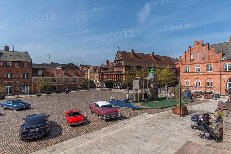 Svendborg Old Town, Torvet, market square, cobblestones, playground, old cars, stepped gabled house, Fyn, Fyn Island, Denmark