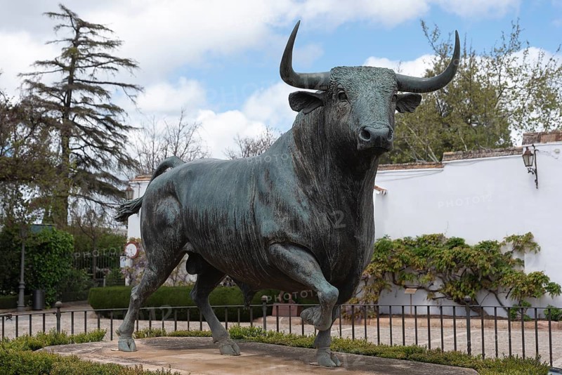 Bronze statue of a fighting bull, Monumento al toro de Lidia, Plaza de Toros, Ronda, Malaga, Spain