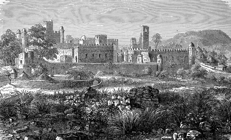 The north side of the fortress of Gondar in Ethiopia, in 1880, Historical, digital reproduction of an original 19th century artwork