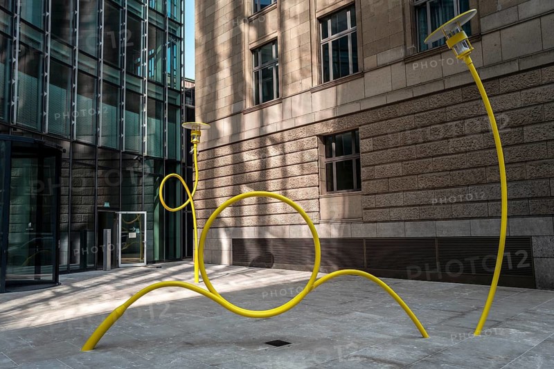 Street lamp, modern lamp design in front of an office building, Frankfurt, Hesse, Germany