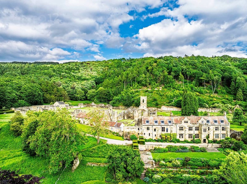 Mount Grace Priory, House and Gardens from a drone, East Harlsey, North Yorkshire, England, United Kingdom