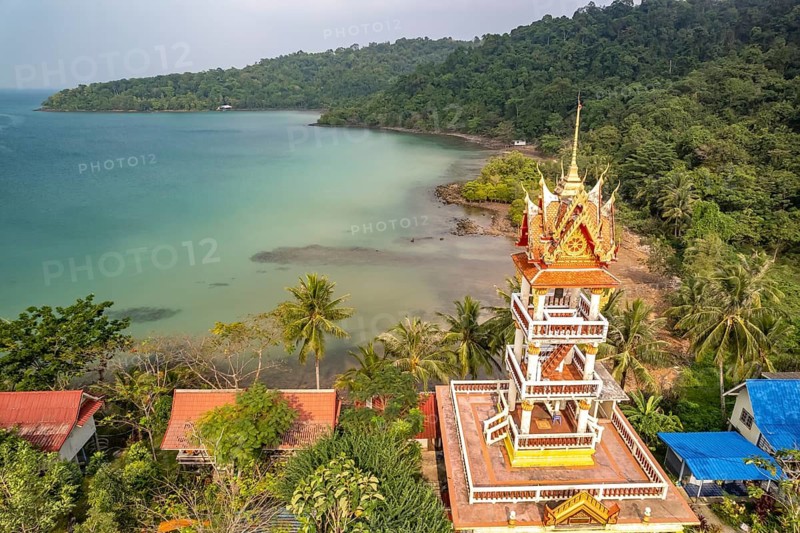 Wat Ao Salat in the fishing village of Ban Ao Salad seen from the air, Ko Kut Island or Koh Kood Island in the Gulf of Thailand