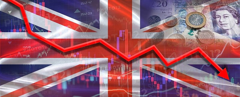 British financial crisis on economic graph. Financial fall of United Kingdom on economy market