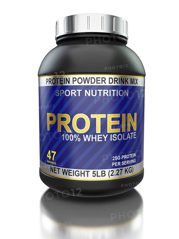 Sport nutrition, bodybuilding supplements, diet concept, whey isolate protein jar isolated on white background with reflection