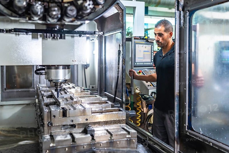 Serious caucasian man working with electric milling machine in a cnc factory