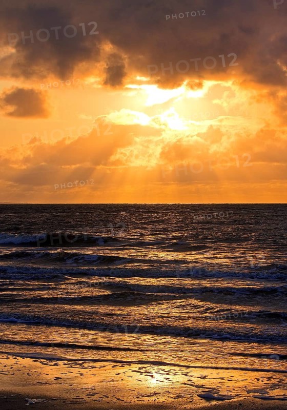 Outgoing tidal fringe in the mudflat landscape with setting sun, North Sea, Norderney Island, East Frisia, Lower Saxony, Germany