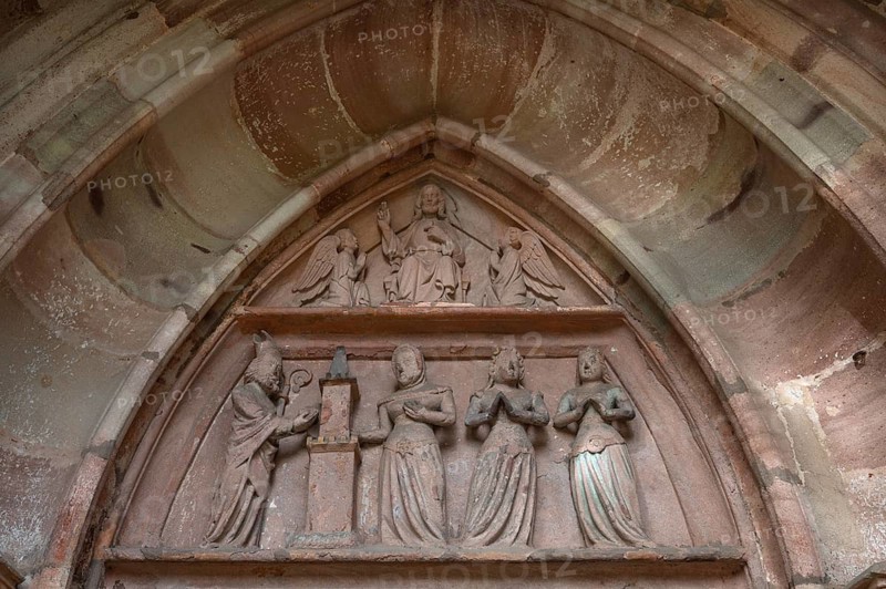 Tympanum above the entrance portal of St Nicholas and St Ulrich Church, Kirchenberg 15, Nuremberg-Mögeldorf, Middle Franconia, Bavaria, Germany
