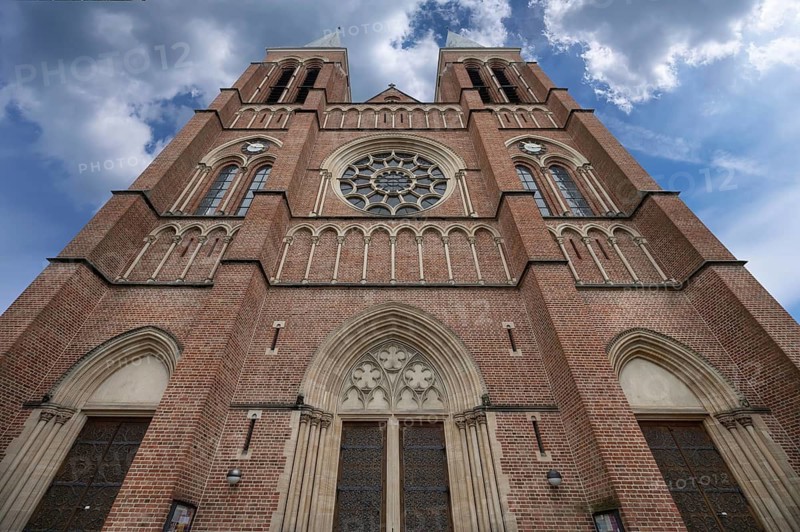 Main façade of the neo-Gothic parish church Bregenz-Herz Jesu, consecrated in 1906, Bregenz, Baden-Württemberg, Germany