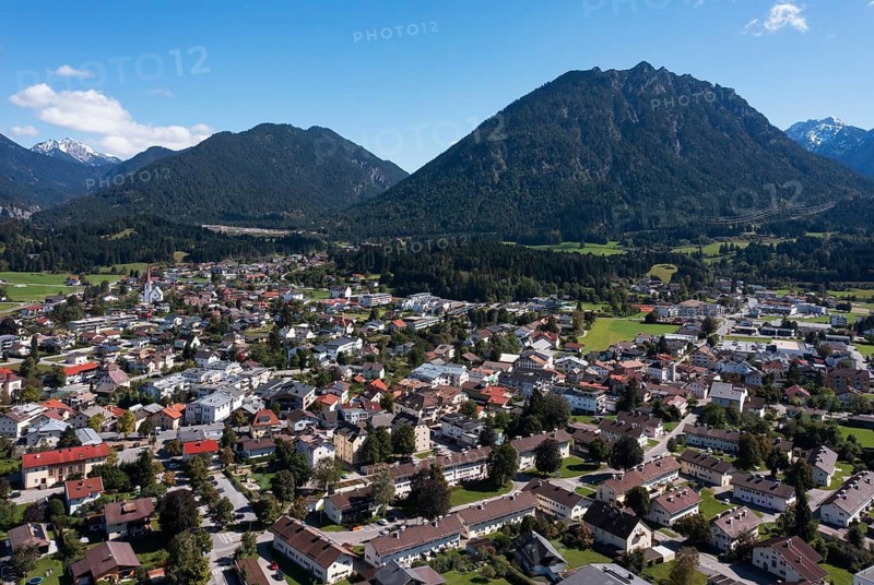 Drone shot, city view, Reutte, Tiroler Außerfern, Lechtal, Tyrol, Austria