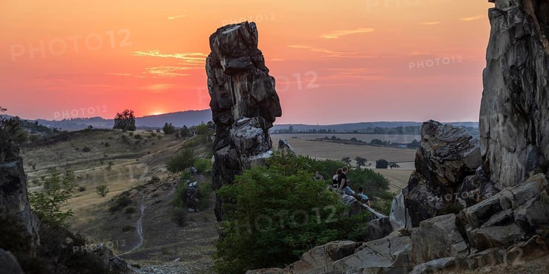 Sunset at the Devil's Wall near Weddersleben, Thale, Harz, Saxony-Anhalt, Germany
