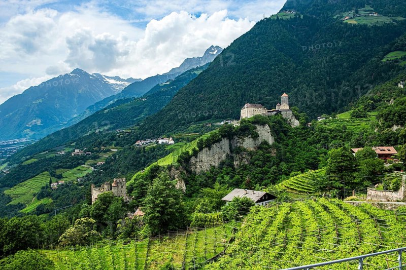 Tyrol Castle seen from Dorf Tyrol, medieval ancestral castle of the Counts of Tyrol and since 2003 home to the South Tyrolean Provincial Museum of Cultural and Regional History near Meran, Burggrafenamt, South Tyrol, Italy