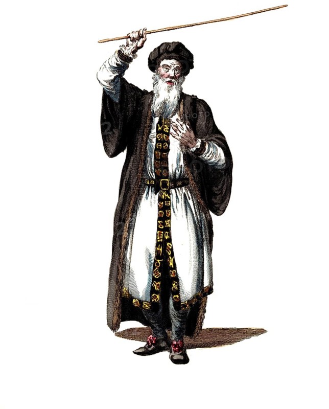 Historical clothing, fashion over the course of time, clothing of Merlin, a well-known bard, seer and wizard from the Arthurian cycle, digitally restored reproduction of a model from the 18th/19th century, exact date unknown, man in religious clothing with beard and cane, appears serious and tradition-conscious