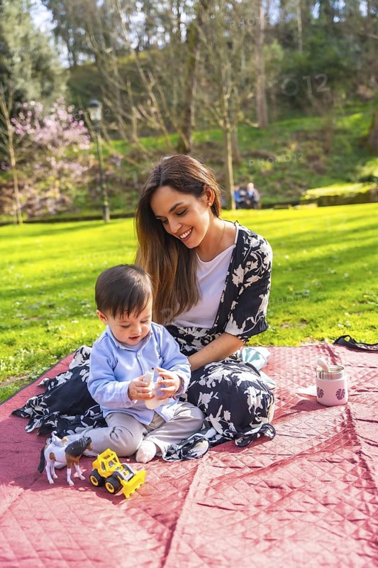 Mother and baby enjoying a picnic in the park, playing with toys on a blanket on a sunny day