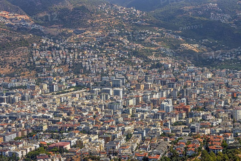 The centre of the city of Alanya is very densely built-up due to the limited area of the sea on one side and the steeply rising Taurus Mountains on the other, Alanya, Antalya, Turkey