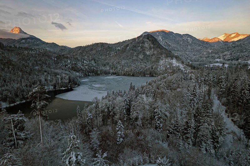 Pike lake, winter, icy, snow-covered trees, reddish-coloured sky, morning mood, Mangfallgebirge with Steilner Joch, Unterbergjoch in the background on the right, Pendling on the far left, drone shot, Kufstein, Tyrol, Austria