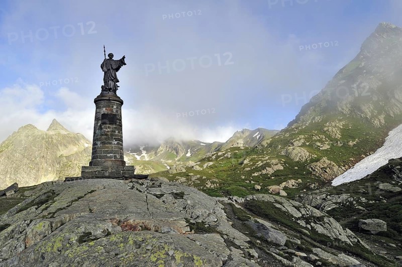Statue of Saint-Bernard at the Great Saint Bernard Pass, Col du Grand-Saint-Bernard in the Swiss Alps, Switzerland