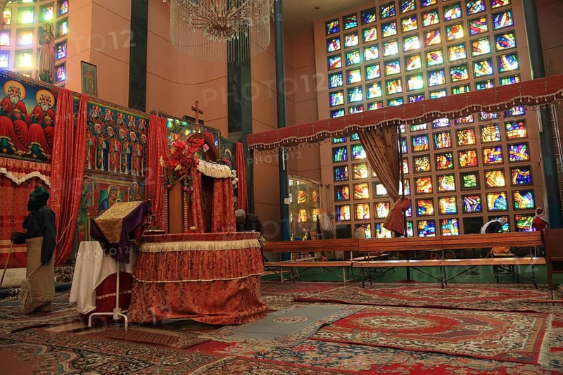 Europia district, monastery in Debre Lebanon, chancel and church windows, Ethiopia