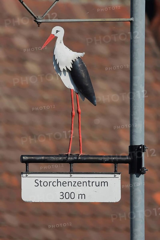 Street lamp with stork figure and sign to the stork centre 300m away, symbol for stork village, decoration, white stork, distance informationPole, Palatinate, Bornheim, Southern Wine Route, Rhineland-Palatinate, Germany