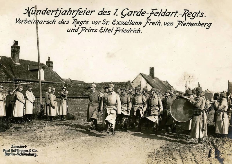 Centenary of the Guards Field Artillery Regiment. Parade of the regiment in front of His Excellency Baron von Plettenberg and Prince Eitel Friedrich, 1914 - 1918, 1st World War, reproduction of a war postcard