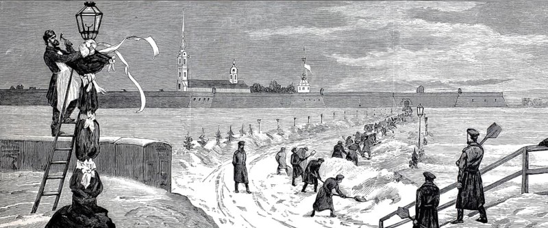 Scene in Saint Petersburg shortly after the assassination of the Tsar on March 13, 1881. A large group of workers are busy clearing the snowy road along the banks of the Neva in order to prepare the way for the imminent burial of the Tsar. A man on a ladder covers a street lamp with black mourning pile, illustration, reproduction from a 19th century model. Authentic, file restored for optimal use, exact date of submission unknown, historical