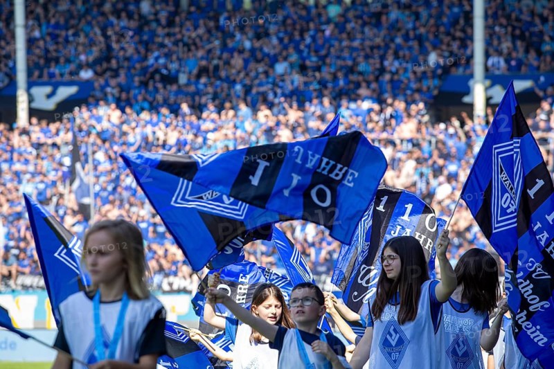 11.05.2024, Football 3rd division, Season 2023/24, Matchday 37: Waldhof Mannheim vs SV Sandhausen (4:2) . Good atmosphere even in front of the game: children waving the club's flags and 18, 379 spectators provided a fitting backdrop for this important match