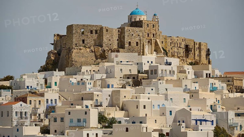 View of a historic fortress on a hill with white houses and blue roofs, Querini Castle, Chora, Astypalea, Dodecanese, Greek Islands, Greece