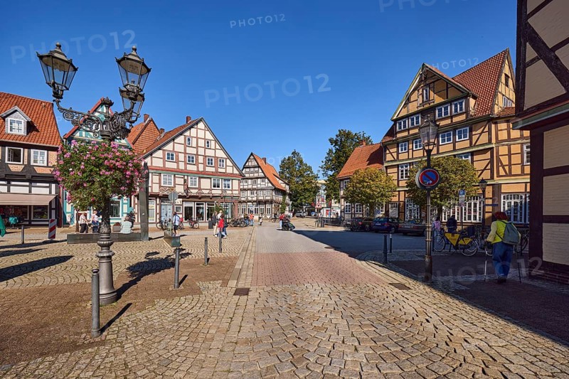 Historic half-timbered houses, lantern, flower decoration, pointed roof with red roof tiles, blue sky, cloudless, street Kleiner Plan, Celle, Lüneburg Heath, district of Celle, Lower Saxony, Germany