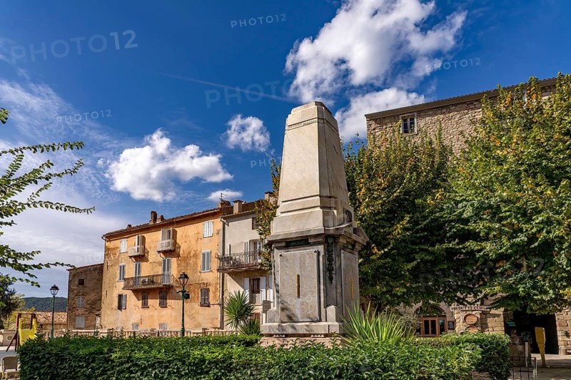 The war memorial monument aux Morts de Sartène on Place de la Liberation or Place Porta square in Sartene, Corsica, France