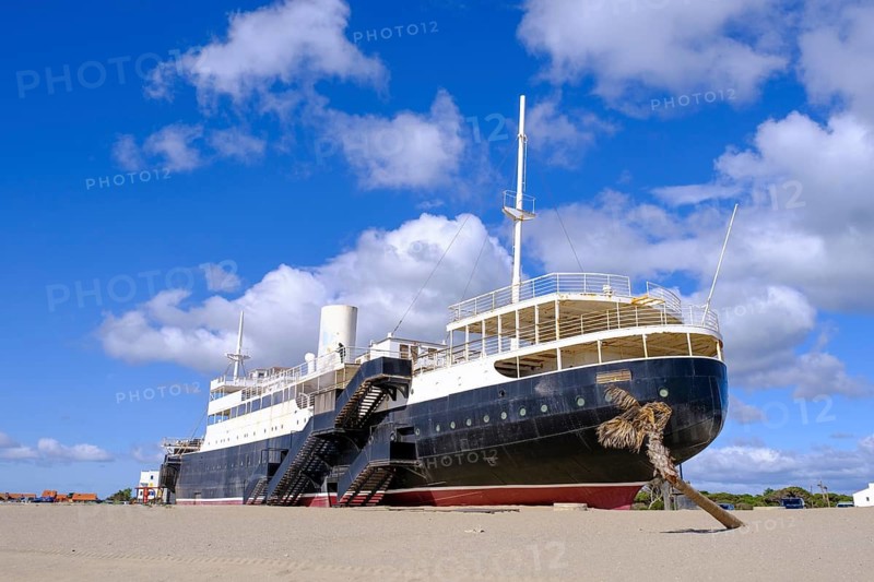 Ship on the beach, Le Lydia, museum, wreck, Barcares beach, Plage Barcares, Portes du Roussillon, Département Pyrénées-Orientales South of France, France