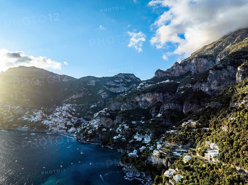 View of Positano from a drone, Amalfi Coast, Italy