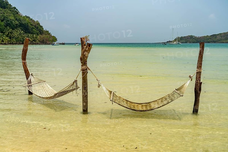 Hammocks in Bang Bao Bay, Ko Kut Island or Koh Kood in the Gulf of Thailand