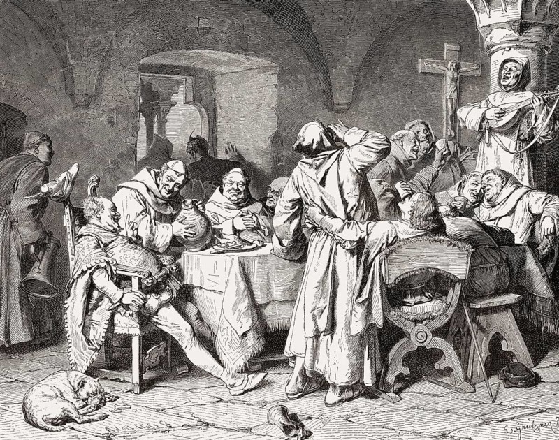 Celebration of the monks drinking wine