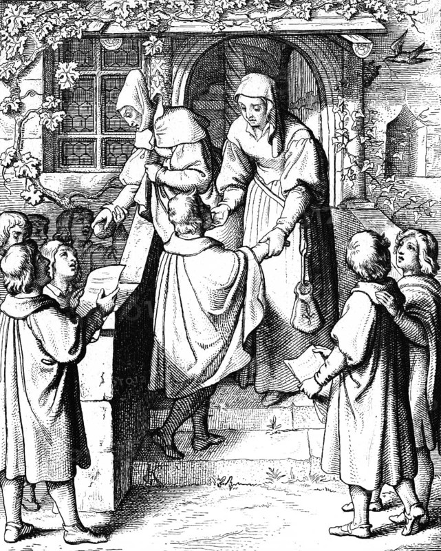 Martin Luther singing as a current student at the door of Mrs Ursula Gotta in Eisenach 1498, Germany, front door, stairs, window, plant, giving money, apple, music, 15th century, historical illustration c. 1860
