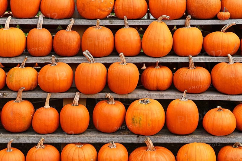 Rows of many Halloween 'Ghostride' carving pumpkins on shelves