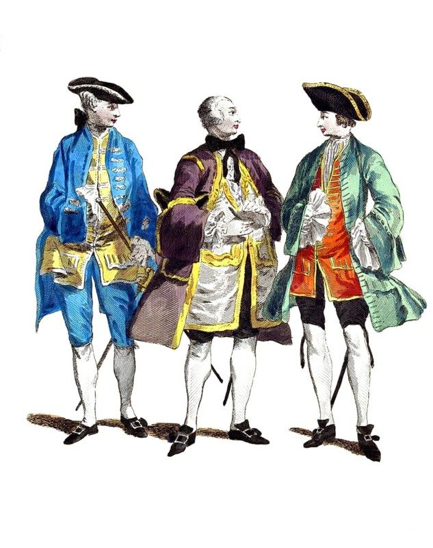 Historical clothing, fashion over time, clothing of English gentlemen in the years 1735 (a) 1745 (b) 1755 (c) 1757-1772, digitally restored reproduction of an 18th/19th century model, exact date unknown, three elegantly dressed men in baroque outfits in different colours