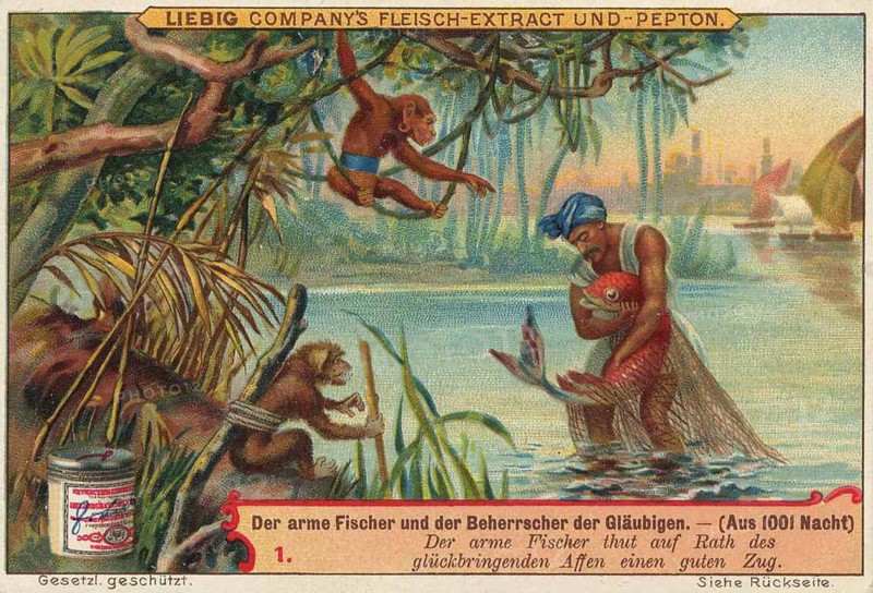 Picture series Fairy tale scenes from 1001 Nights, the poor fisherman and the ruler of the believers, the fisherman makes a good catch on the advice of the lucky monkey, Liebig picture, digitally restored reproduction of a collector's picture from around 1900, public domain, exact date unknown, A fisherman by the river with monkeys, in a fairy tale scene with an oriental flavour