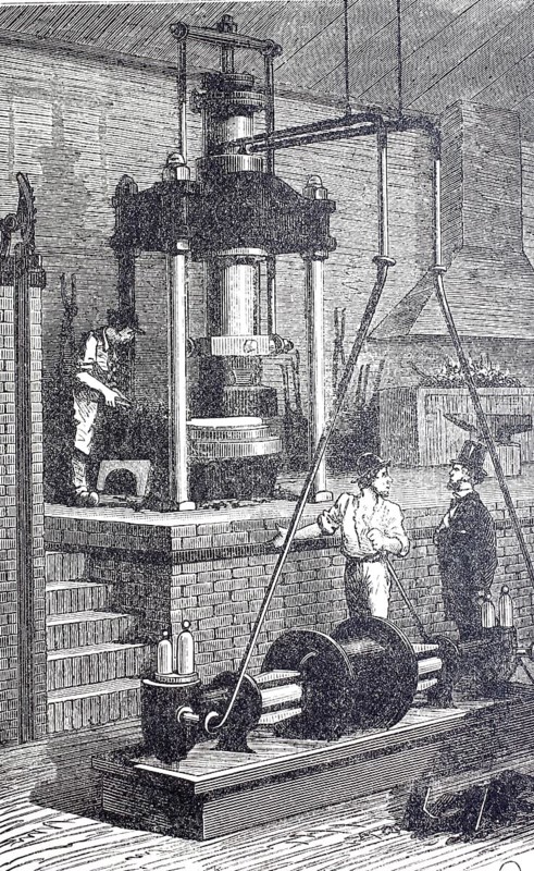 Metal industry, Hydraulic press for the production of iron objects of irregular shape, 1870, England, digitally improved reproduction of a 19th century model, historical