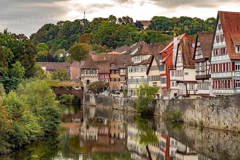Half-timbered houses on the Kocher in Heimbach, Schwäbisch Hall, Baden-Württemberg, Germany