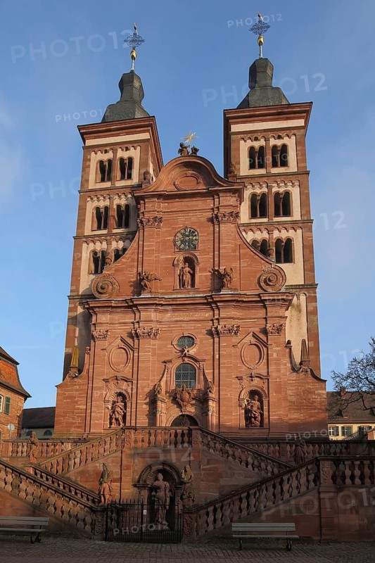 Benedictine monastery Fürstenhaus zu Leiningen, twin towers, Amorbach, Odenwald, Bavaria, Germany
