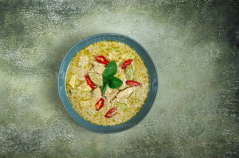 Green curry with chicken, traditional Thai cuisine, Asian food, homemade, no people