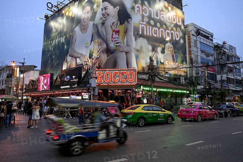 Street scene on Khaosan Road, blue hour, Bang Lamphu, Bangkok, Thailand