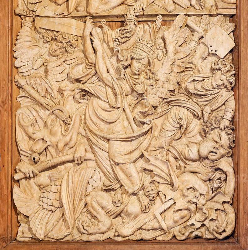 Hell's Fall also Angel's Fall, relief panel, detail side wing altar retable, carved altar of the Niederrotweil Madonna, late Gothic, carver Master HL, Saint Michael, Niederrotweil, Vogtsburg, Kaiserstuhl, Upper Rhine, Baden-Württemberg, Germany
