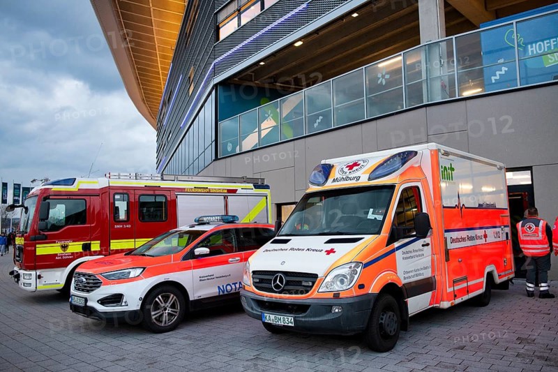 Vehicles of the fire brigade, ambulance, RTW, German Red Cross, rescue services, are on standby during a Europa League match, PreZero Arena, Sinsheim, Baden-Württemberg, Germany