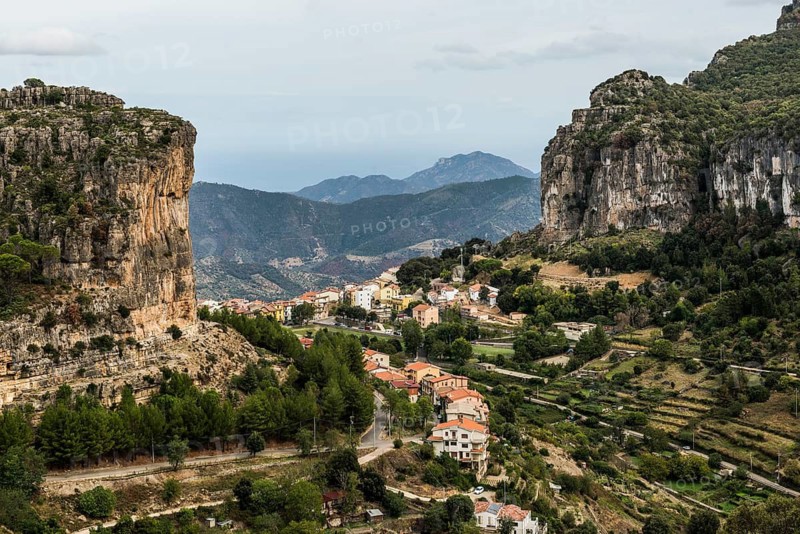 Picturesque village and steep mountains, Ulassai, Province of Ogliastra, Sardinia, Italy