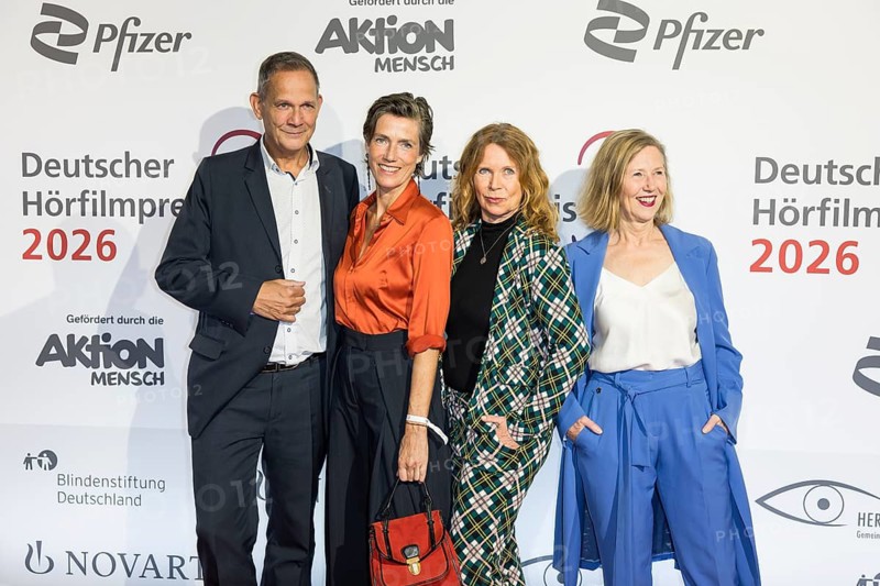 Klaus-Peter Grap, Julia Bremermann, Marion Kracht and Petra Zieser in front of the German Audio Film Awards ceremony at the Colosseum cinema in Berlin on 24.03.2026