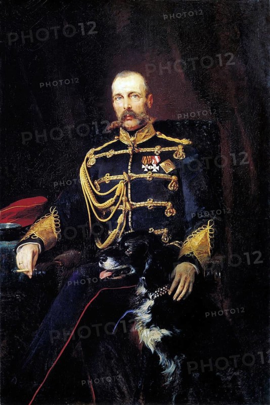 Alexander II (1818-1881), Tsar of Russia from 1855. 1881 portrait by Konstantin Makovsky (1839-1915), Russian artist. Alexander seated in military uniform, smoking a cigarette, hand on dog. Assassinated in St Petersburg