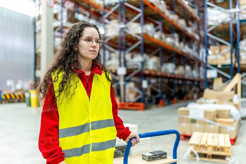 Woman carrying trolley with packages to deliver in a distribution warehouse